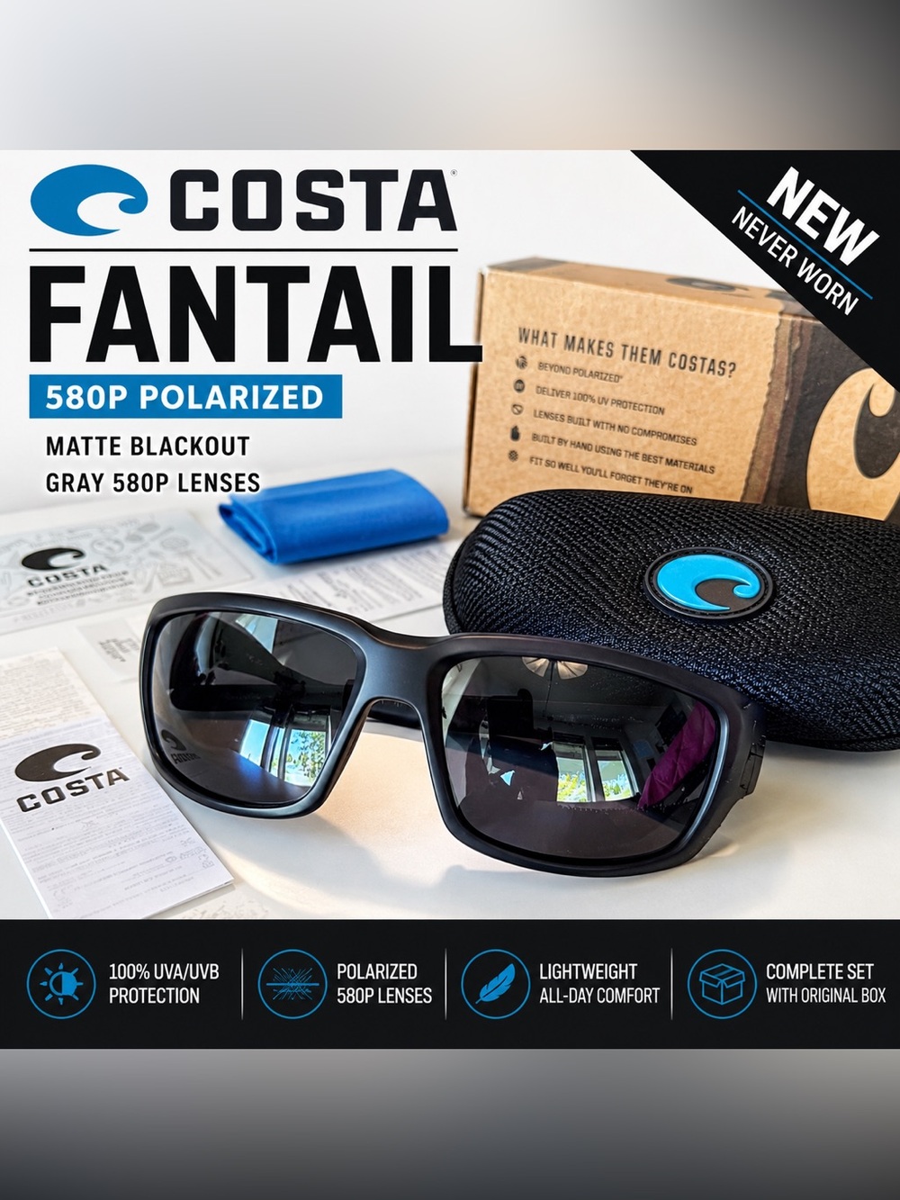 Costa Del Mar Fantail Polarized Sunglasses Matte Black Gray 580P New